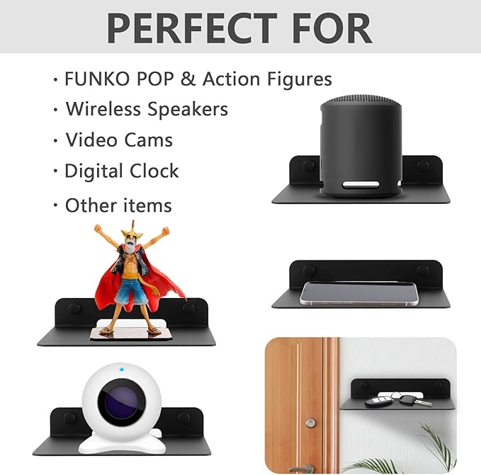 TRINENOX Floating Wall Shelves, 6" Wall Metal Speaker Mount Shelves for Bluetooth Speaker, Webcam, Cell Phones, Mesh Router, Award Toy Display Shelf Speaker Shelf (2 Pack)