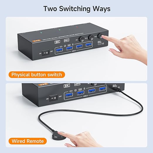 HDMI DP KVM Switch 2 Monitors 3 Computers 8K@60Hz 4K@144Hz,with 4 USB 3.0 Ports for 3 PC Sharing 2 Monitors Keyboard Mouse Printer with 2 USB Cables, Power Adapter and Controller,Black