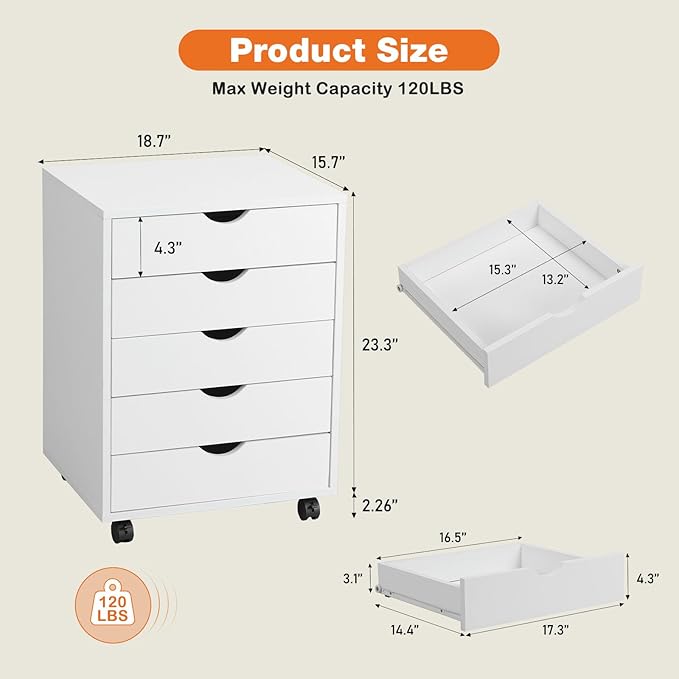 5 Drawer File Cabinet, Under Desk Storage Organization with Wheels, Mobile Filing Chest for Small Desk Printer Stand for Home Office, White