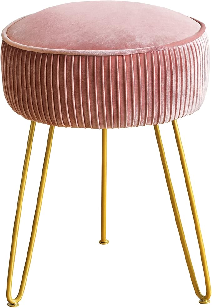 LUE BONA Velvet Vanity Stool for Makeup Room, Modern Ottoman Footrest with Metal Legs, Pink