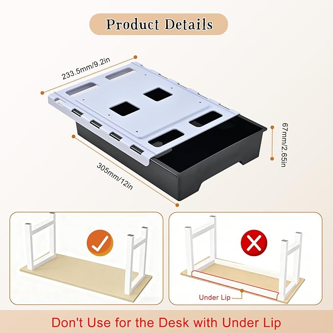Under Desk Drawer Organizer, Self Adhesive Hidden Drawer Storage, Slide Out Desk Organizer, Space Saving Pencil & Accessories Organizer, Under Table Storage for Home Office & School, Black