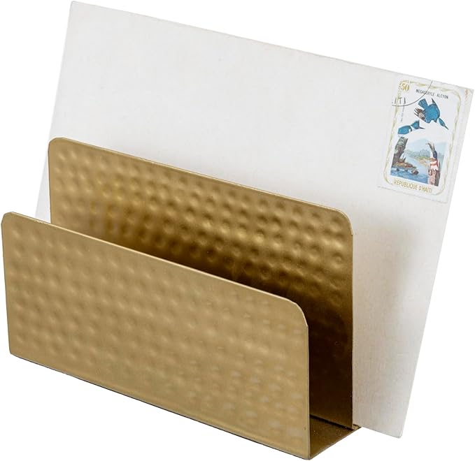 MyGift Modern Vintage Brass Tone Metal Tabletop Mail Holder Letter Sorter with Hammered Design, Office Desktop Storage File Folder Document Organizer Stand with Pebbled Texture - Handcrafted in India