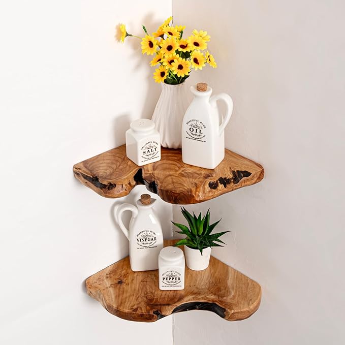 WELLAND Floating Corner Shelf Set of 2 Wall Mounted,10.86 x 11.5 inches for Living Room, Bedroom Bathroom, Rustic Space-Saving Corner Storage Shelf for Home Decor and Organization
