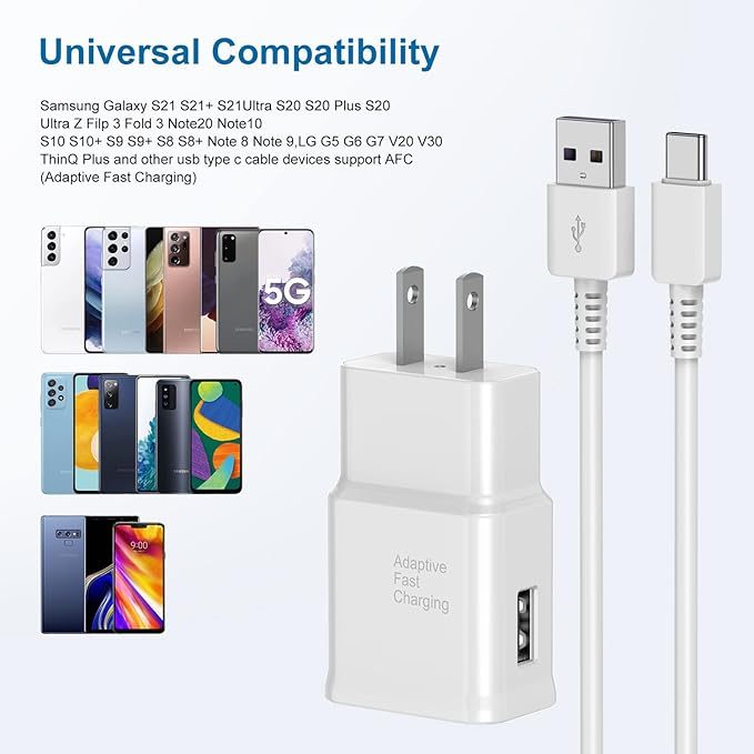 Type C Charger Fast Charging, 2 Pack USB C Android Phone Wall Charger Block & 10ft Charge Cable Cord, for Samsung Galaxy S8/S9/S10 Plus Active S10e, S20/S21 Ultra Plus, Note 8 9 10