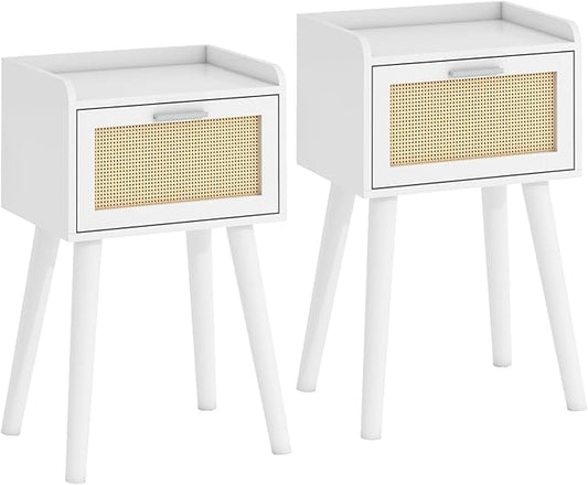 LAATOOREE Nightstand Set of 2, Small White Bedside Table, End Table with Rattan Door, Boho Side Table with Solid Wood Legs for Bedroom Living Room Small Space