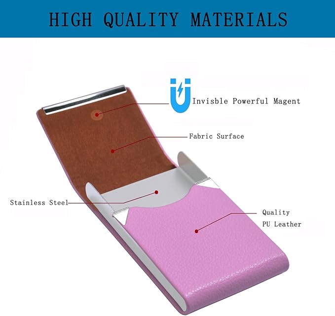 Business Card Holder with Ultra Slim Design,Business Card Case with Premium PU Leather, Suit Pocket Metal Card Holder for Women/Men,Professional Name Card Holder with Magnetic Shut (Pink)