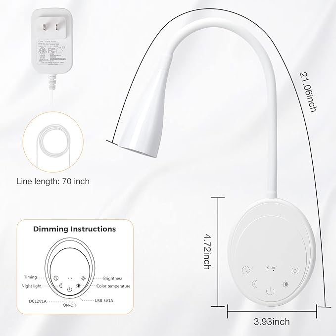 SANKEDOU LED Wall Mounted Reading Light, Book Light for Reading in Bed with Touch Control, 5 Dimmable, USB Output, Night Light & Timers Function, Flexible Gooseneck Headboard Bed Lights (White)