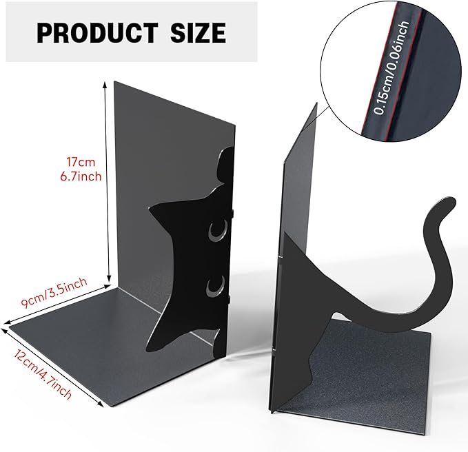 Book Ends Decorative,ENCIMART Book Ends,Metal Bookends,Book Holders for Shelves,Office Decorative Bookends,1.5mm Thickened Book Ends,Bedroom Library Office School Book Desktop Organizer Gift（Cat）
