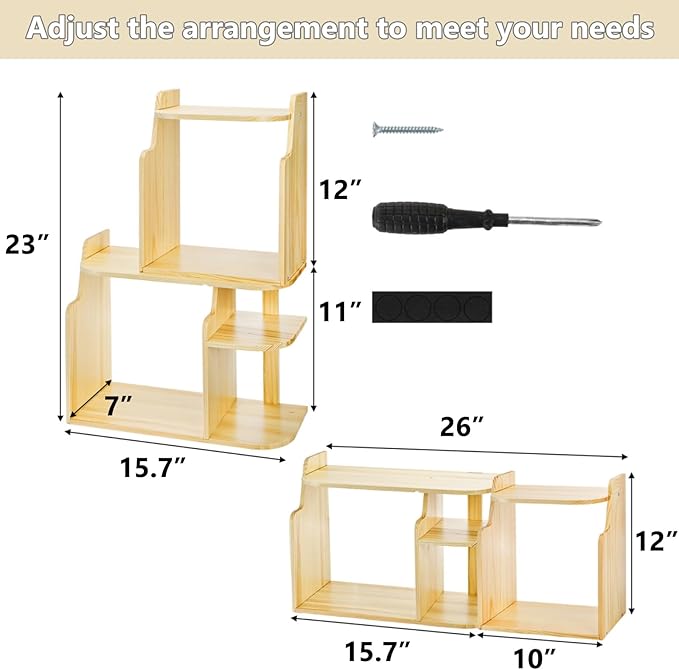 Desk Shelf Organizer, Adjustable Wood Desktop Organizers, Office Storage Rack, Small Tabletop Bookshelf, Freestanding Corner Display Shelf, Multi-Combination Desk Hutch for Dorm Home Study