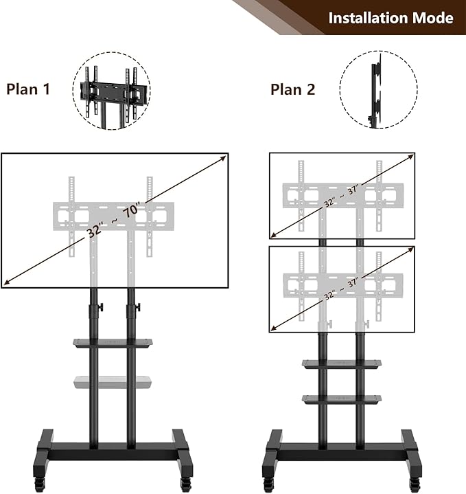 Mobile TV Stand Rolling TV Cart Floor Stand with Mount on Lockable Wheels Height Adjustable Shelf for 32-83 Inch TV Stand Flat Screen or Curved TVs Monitors Display Trolley (Black with 2 TV Brackets)