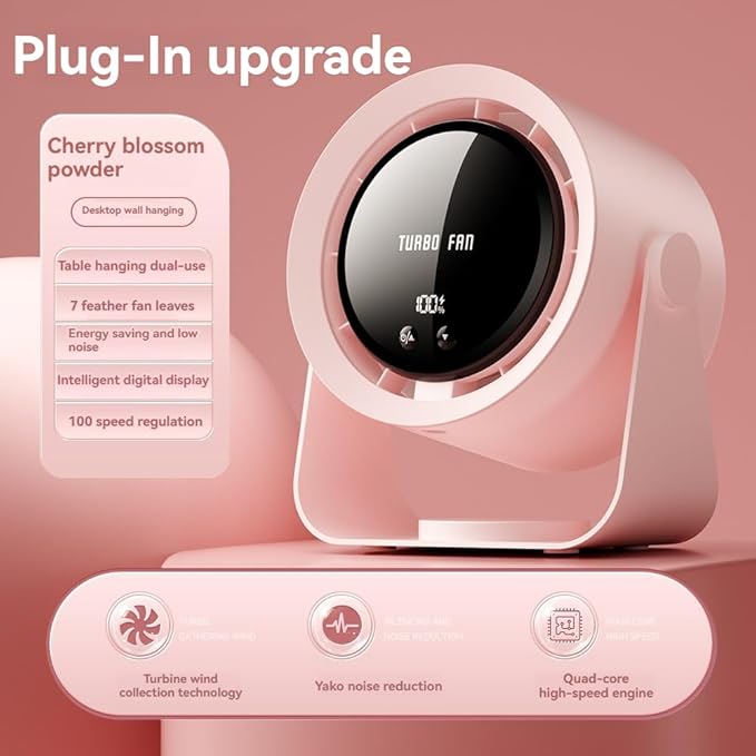 Desk Fan, USB Rechargeable Quiet Desktop Fan with 5400mAh Battery & LED Display, Adjustable Speed Control, 90° Tilt Head Hangable Table Fan for Office, Bedroom, Dorm, Kitchen (Pink)