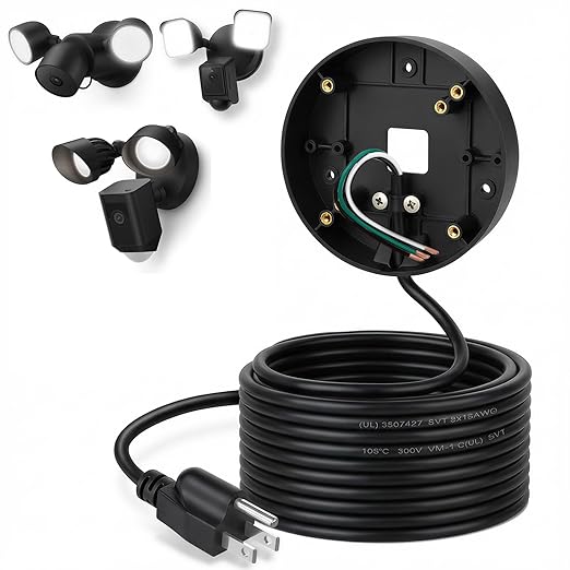 30ft/9M Power Cord with Adapter and Plug-in Mount for Floodlight Cameras,Compatible with Blink Floodlight Cam, eufy Floodlight E340, Socket Box with Weatherproof Cord-(2in1 Mount Cord Set) Black