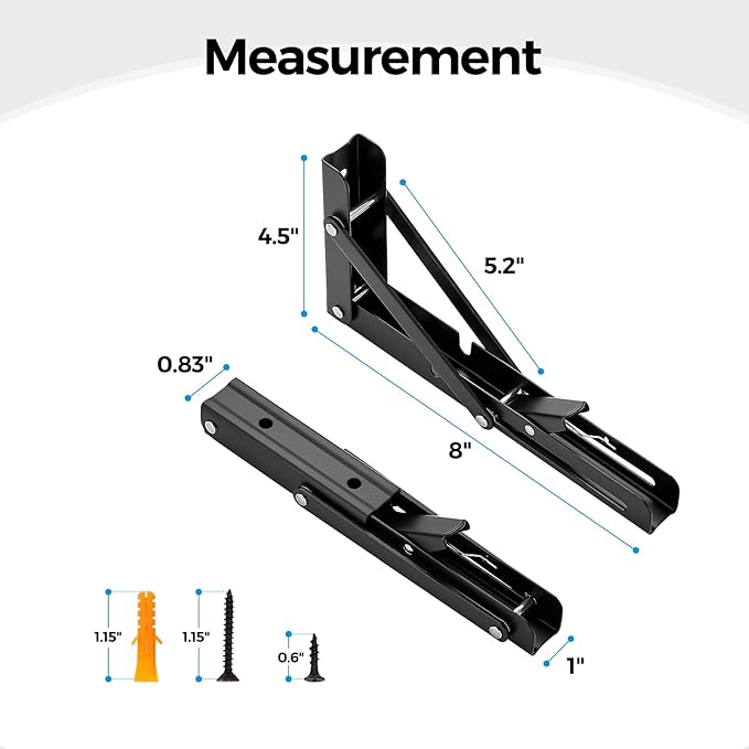 Home Expert 8 Inch Folding Shelf Brackets, 4 Pack (2 Pairs) Heavy Duty Metal Collapsible Wall-Mounted Brackets, Space-Saving DIY Foldable Shelf for Benches and Tables, Matte Black