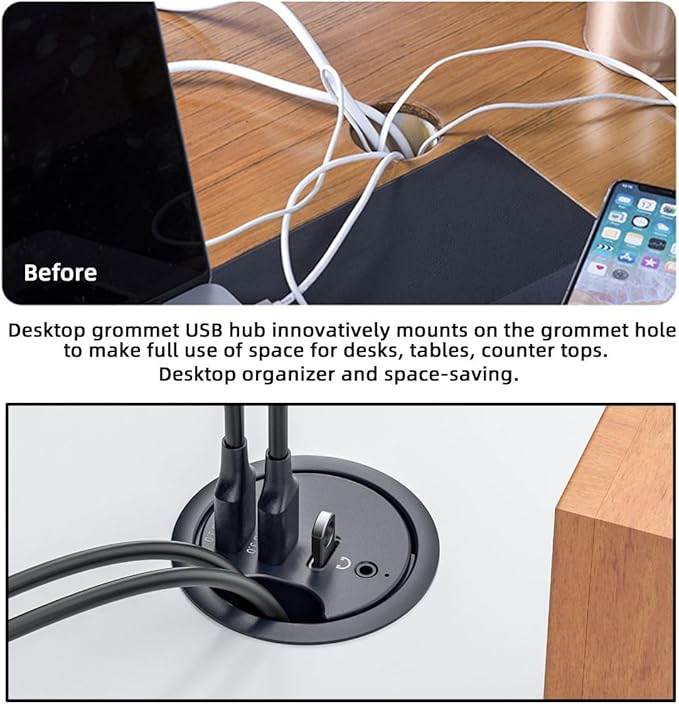 NFHK USB 3.0 Hub Sound Card USB-C 2 Port USB 60mm Desk Grommet Splitter Dock Station Headphone Mic Audio Interface for Desktop PC Desk