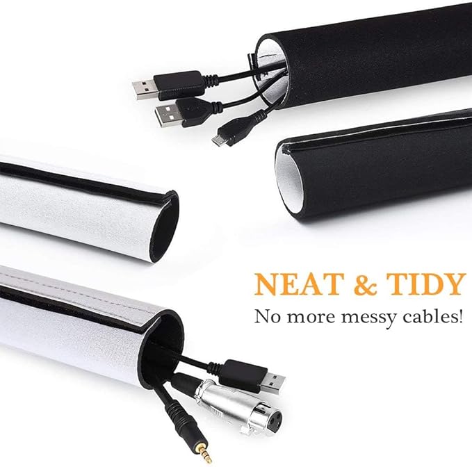 120" Neoprene Cable Management Organizer, Reversible Flexible Cuttable DIY Hole Cord Hider Cover Sleeve for Office TV Computer Home Desk Protect Wires