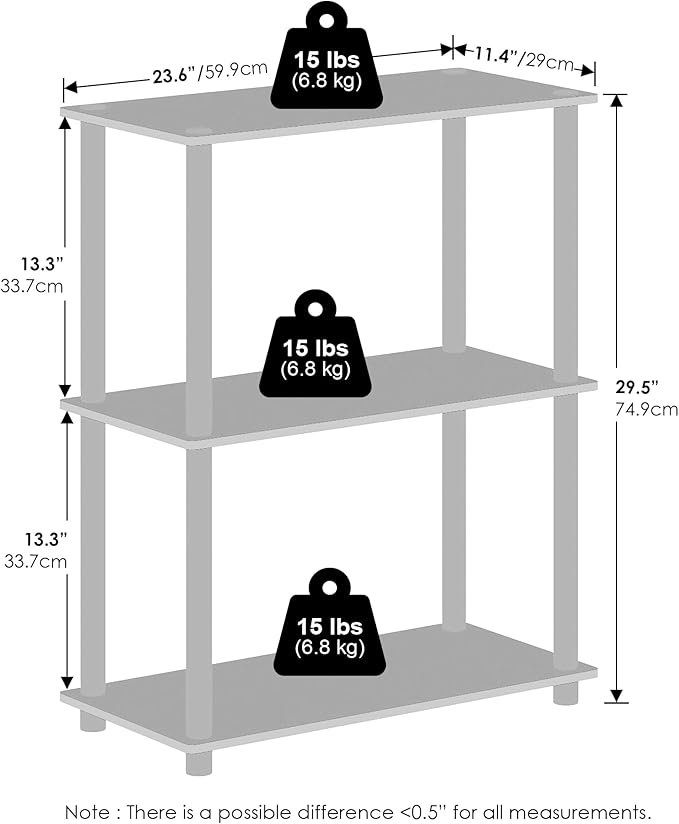 Furinno Turn-N-Tube Book Shelf, 3-Tier Bookshelf, Bookcase with Multipurpose Compact Display Rack, 11.6 x 23.6 x 29.6, for Living Room, Bedroom, Home Office, Black/Grey