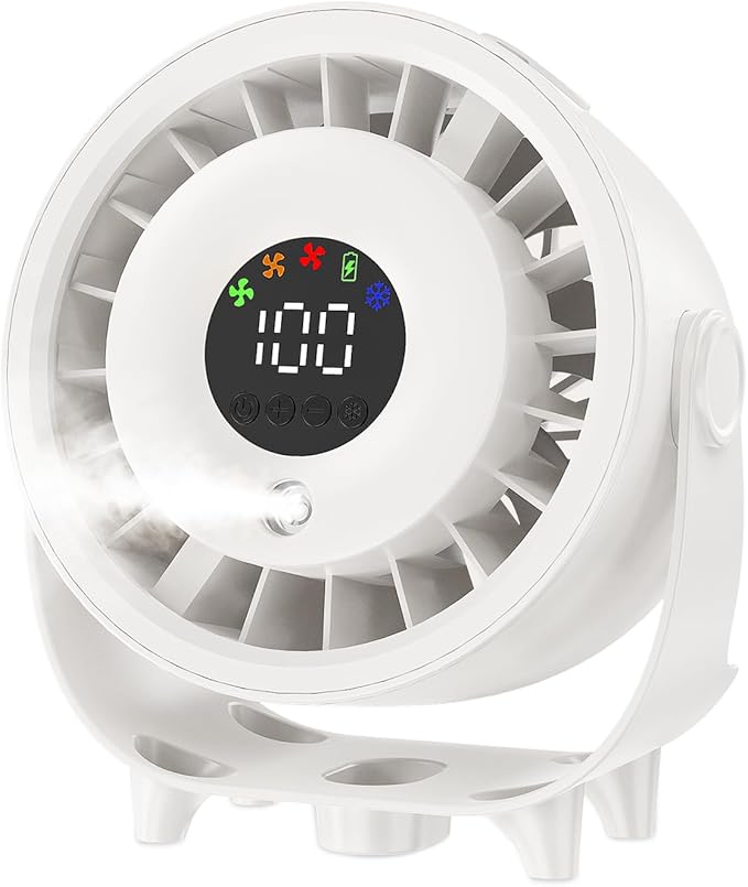 Ouddy Mode Small Desk Fan, 4000mAh Portable Misting Fan Quiet Table Fans with LED Display, Wall-Mouted Design USB Rechargeable Desktop Fans for Bedroom Travel Office Home Kitchen Outdoor White
