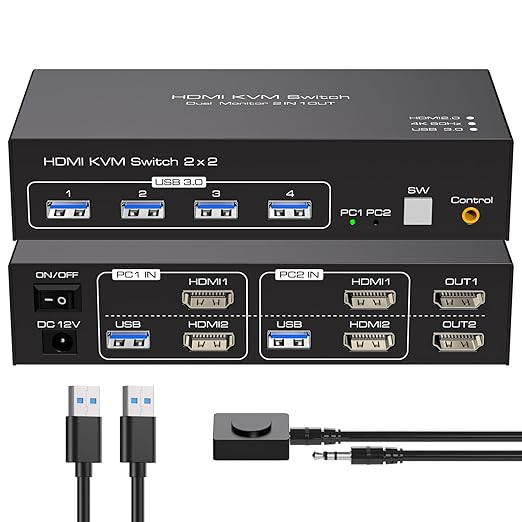 KVM Switch 2 Monitors 2 Computers 4K60Hz HDMI Dual Monitor KVM Switches for Dual PC Share 1 Set of Keyboard Mouse Printer Wired Controller 12V 1A DC Adapter and 2 USB 3.0 Cable Included