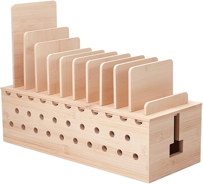 OLYCRAFT Charging Station Rack Cable Box Organizer with Multiple Charging Station Rack Cord Management Box Desk Charger Organizer Wood Charging Display Holder for 10 Mobile Phones Tablets Laptop