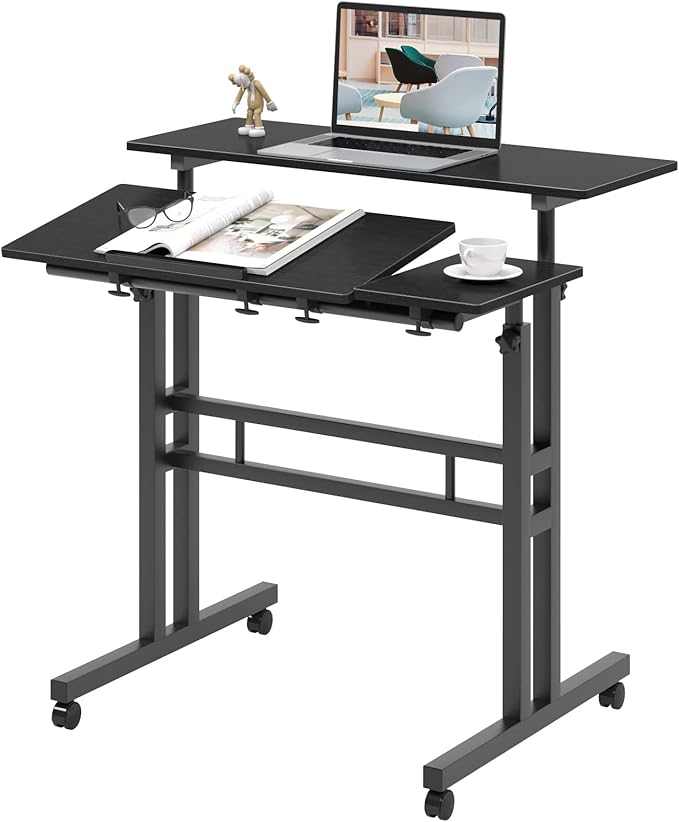sogesfurniture Mobile Standing Desk, Portable Stand Up Desk, Small Adjustable Table Converter with Wheels Home Office Workstation, Rolling Table Laptop Cart for Standing or Sitting, Black