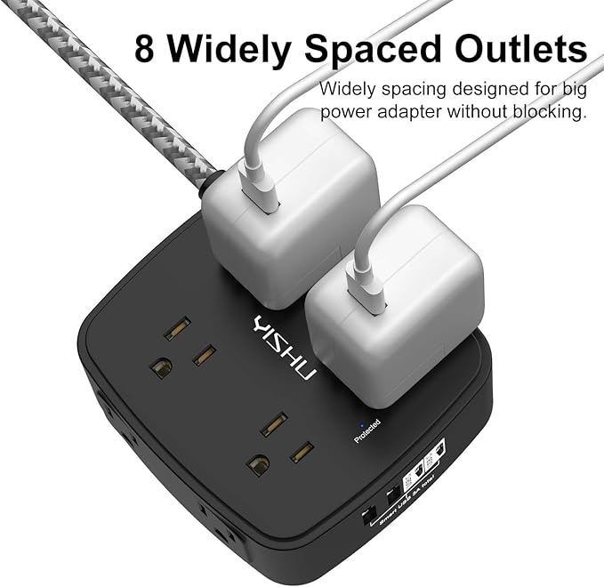 Surge Protector Power Strip - YISHU 8 Outlets with 4 USB (2 USB C) Charging Ports, 6Ft Braided Extension Cord, Flat Plug Multi Plug Outlet Extender Charging Station for Home Office, ETL, Black
