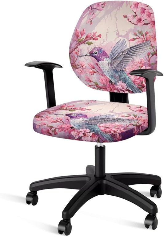 GLENLCWE Pink Hummingbird Flower Office Chair Cover,Modern 2Pack Desk Chair Covers Washable&Stretch Computer Chair Slipcovers for Home Office