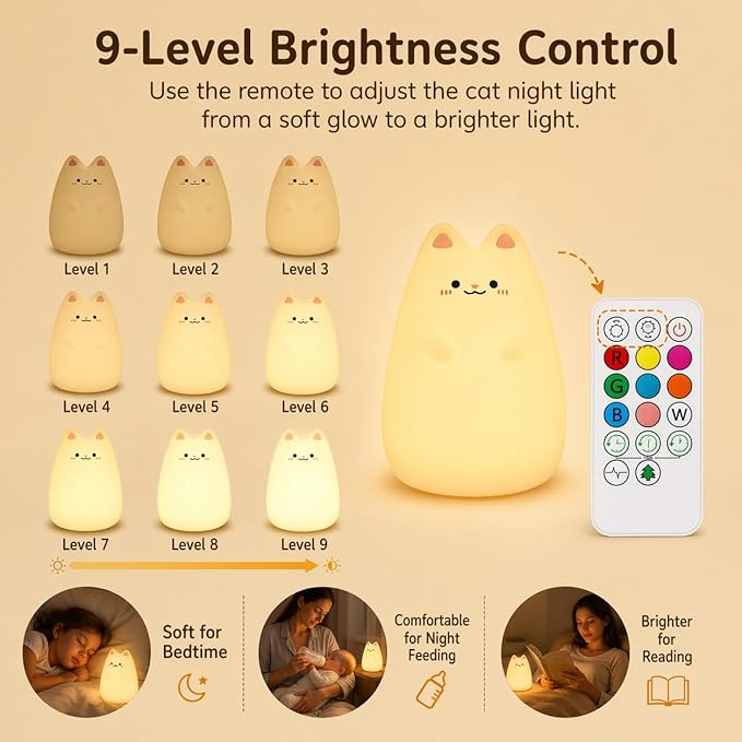 Baby Night Light for Car Seat- Dimming Function 9 Colors Changing Eye Caring Portable Rechargeable & Timing Bedside Lamp Light Up Toddler Bed Room Travel Essentials Squishy Silicone Infant BPA Free