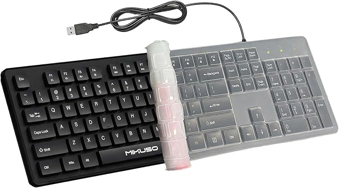 Spill Proof Keyboard with Cover, Wired Keyboard 104 Keys Full Size, Laser Etched Non Fading Keycaps, Easy Clean Computer Keyboard with Number Pad for Office Desktop PC, 1.6m USB Cable- Black