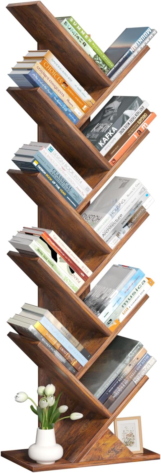 SHEEPAM 10 Tier Tree Book Shelf, Floor Standing Wood Bookshelf for Narrow Space, Storage Organizer Bookshelves for Books/CDs/Magazine, Bookcase with Shelves for Home Office, Living Room - Brown