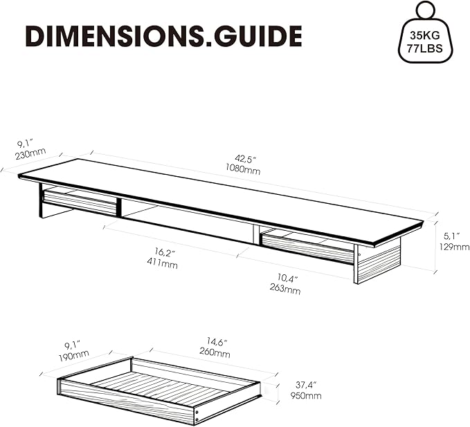 Fenge 42.5” Dual Monitor Stand with 2 Drawers, Metal Wood Monitor Riser with Acrylic Legs, 2-Tier Desktop Shelf Storage Organizer for Computer, Laptop, Printer, TV, Black