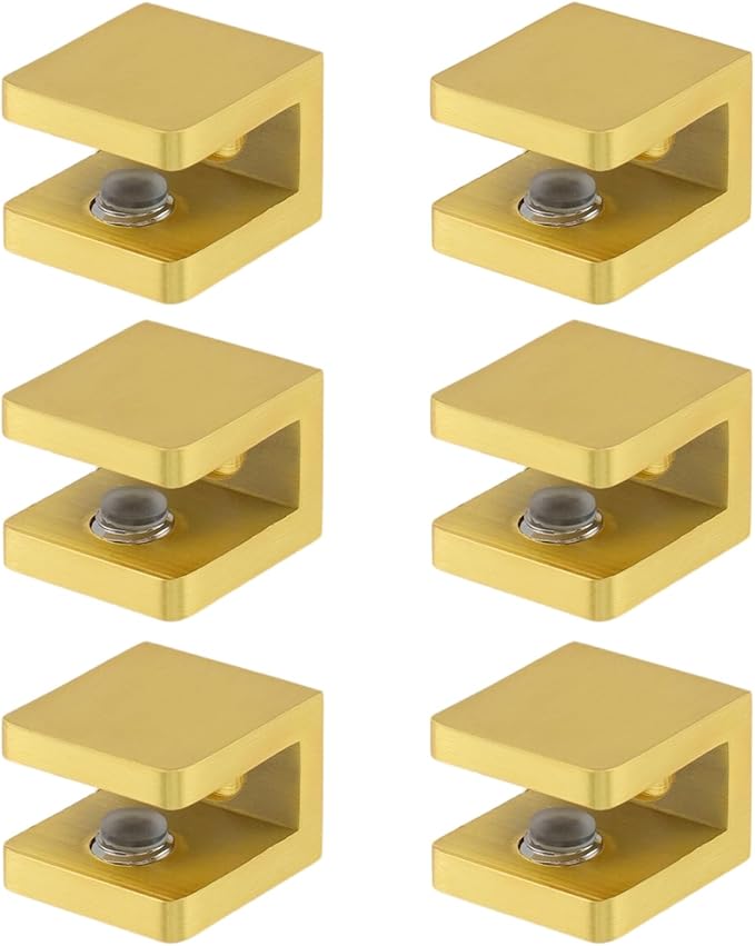 6 Pack Adjustable Glass Shelf Brackets Clamps Support Bracket Hardware Replacement Parts Suitable for 5-8mm Thickness Glass Shelves (6, Gold)