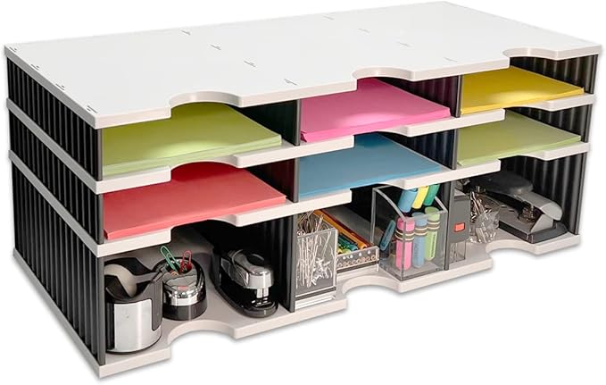 Ultimate Office Desktop Organizer 6 Letter Tray Sorter PLUS Riser Storage Base for Easy Access to Lower Slots, Desk Accessories & Supplies. Optional File Topper & Drawers