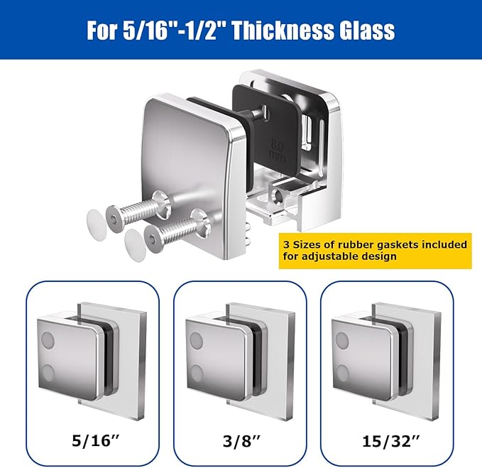 Glass Clamp,4PCS Stainless Steel 304 Brushed Glass Holder Shelf Bracket for 5/16 "-1/2" Thick for Railing, Stairs Holder