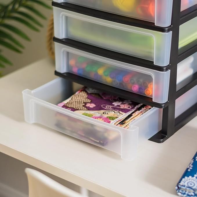 Set of 2 Medium 4-Drawer Desktop Organizer Stacking Black-Clear Durable Plastic Storage Unit for Home Office Desk Supplies Home Must-Have