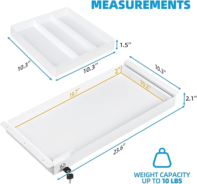 Under Desk Drawer Storage with Lock, Metal Undermount Table Drawer, Ball Bearing Slides Out Tray Organizer for Paper, Pencil, and Laptop 24"x10.3"x2.1", White with Divider