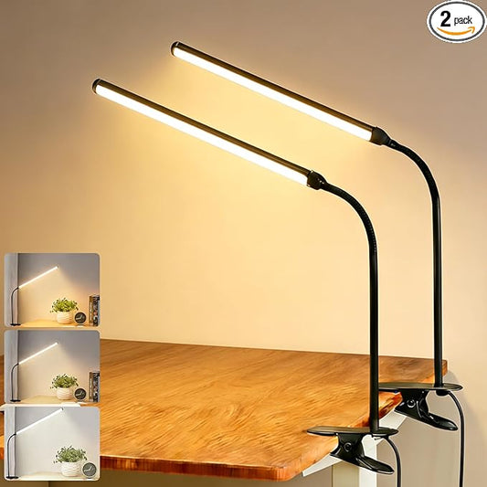 2 Pack Clip On LED Desk Lamp, 3 Lighting Modes 10 Brightness Levels, Flexible Goose Neck Swing Arm Task Lamp, Eye Caring USB Powered Clamp Light for Home Office Study Reading Bedside