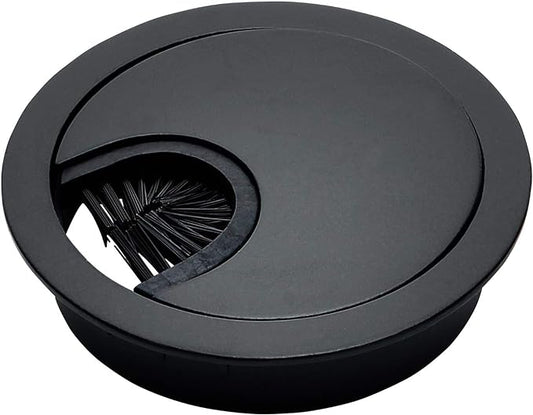 Matte Black Metal Cable Grommet | 2 Piece "Lock in" Feature with "Brush" Opening for Management of Office & Computer Desk Wires | 60mm (2 3/8") Hole Opening | 1 Pack