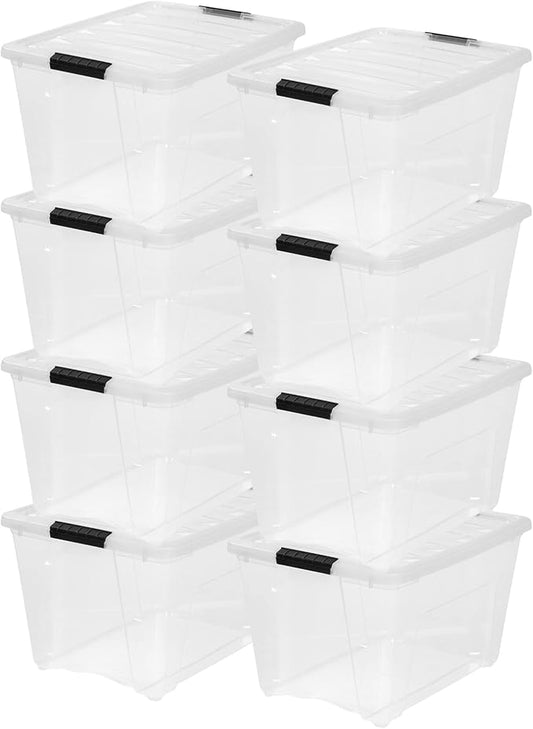IRIS USA 54 Qt Stackable Plastic Storage Bins with Lids, 8 Pack - BPA-Free, Made in USA - See-Through Organizing Solution, Latches, Durable Nestable Containers, Secure Pull Handle - Clear