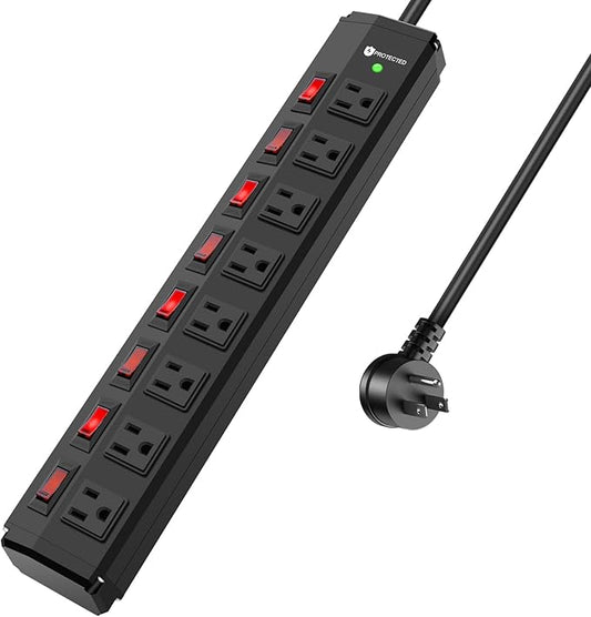 8 Outlet Metal Power Strip with Individual Switches,Heavy Duty Appliance Power Strip with Flat Plug,1200J Surge Protector,10FT Extension Cord,15A 120V 1800W,Home Office School Shop Industrial