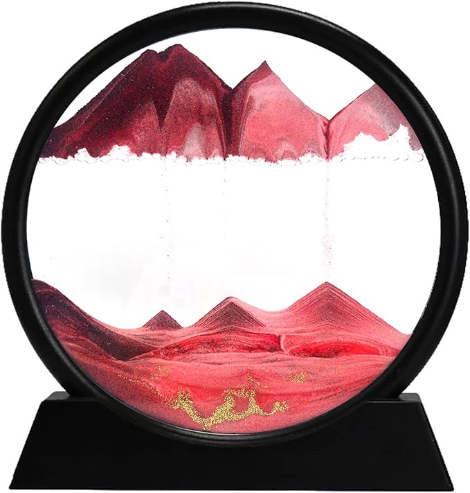 rysnwsu 3D Dynamic Sand Art Liquid Motion, Moving Sand Art Picture Round Glass 3D Deep Sea Sandscape in Motion Display Flowing Sand Painting Relaxing Desk Toys (Red, 7'')