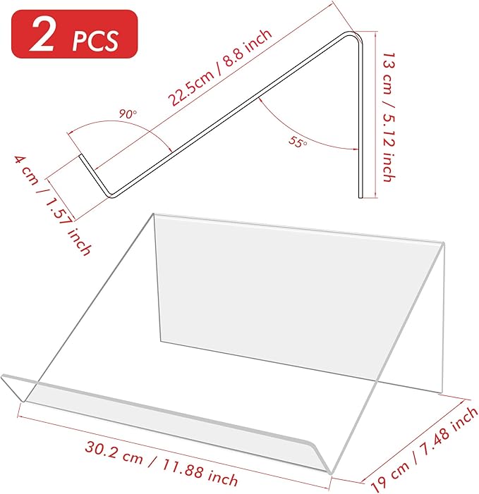 Kamehame Book Stands for Display, 2 Pack Slightly Elevated Clear Acrylic Book Display Stand with 1.5" Ledge, Book Easel Anti-slip Border for Handwriting Reading Art and Laptop, 12"x8.5"x5.1"