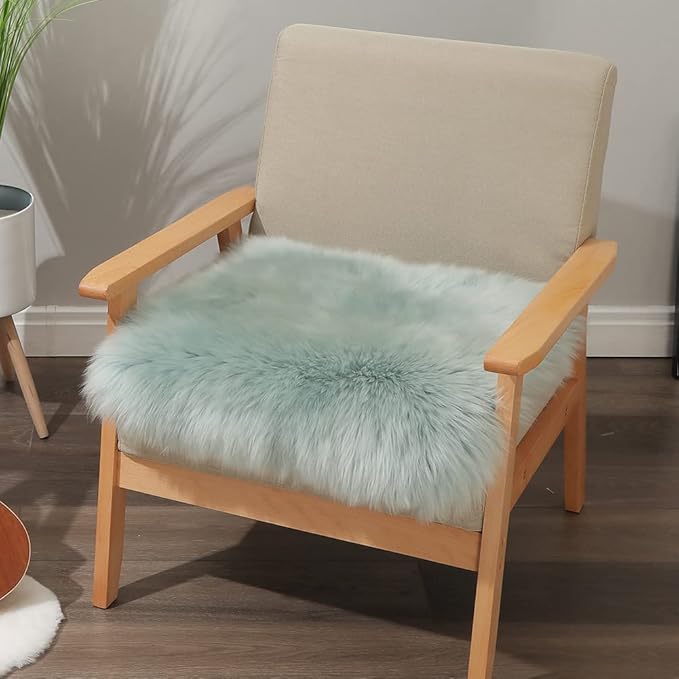 LLB Sheepskin Chair Cushion Non-Slip Back Square Genuine Fur Chair Cover Silky Natural Wool Seat Cushion Pad Soft Area Rugs Carpet for Home Office Restaurant Chair 18x18 Inch (Pack of 1), Milky Mint