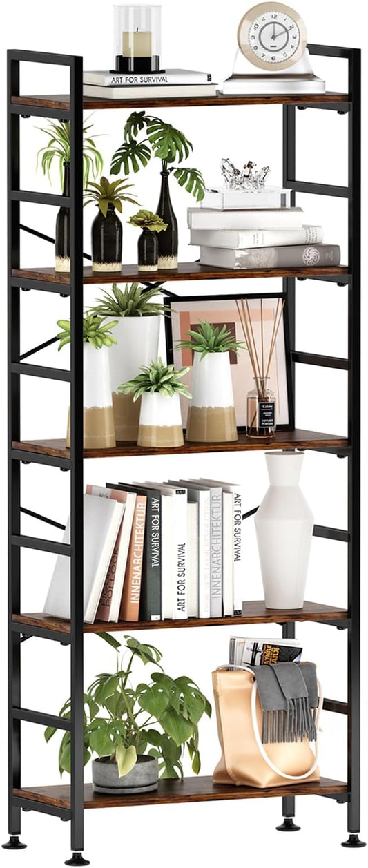 5-Tier Adjustable Tall Bookcase, Rustic Wood and Metal Standing Bookshelf, Industrial Vintage Book Shelf Unit, Open Back Modern Office Bookcases
