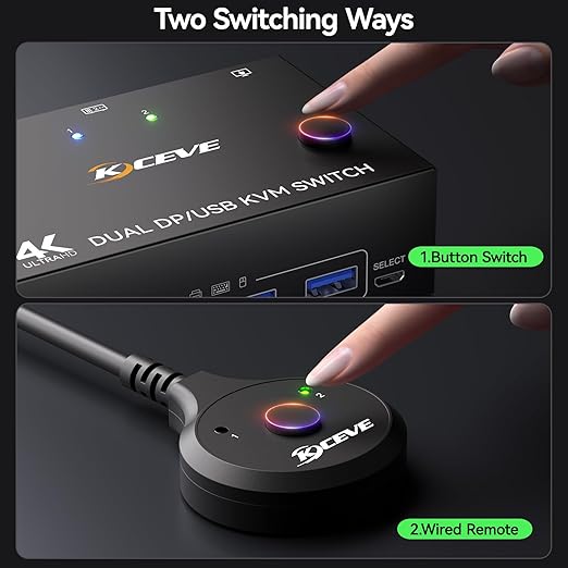 Displayport KVM Switch 2 Monitors 2 Computers 8K@30Hz 4K@144Hz, USB3.0 Dual Monitor KVM Switch for 2 Computers Share 2 Monitors and 4 USB Peripherals,with Wired Remote and 2 USB Cable ﻿