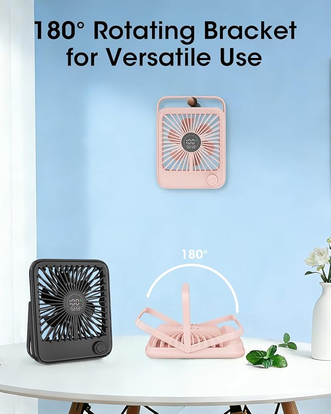 Ouddy Mode 2 Pack Small Desk Fan, Rechargeable Quiet Portable Travel Fan with 100 Wind Speeds Digital Display Black and Pink Personal Fans for Office Bedroom Home Outdoor