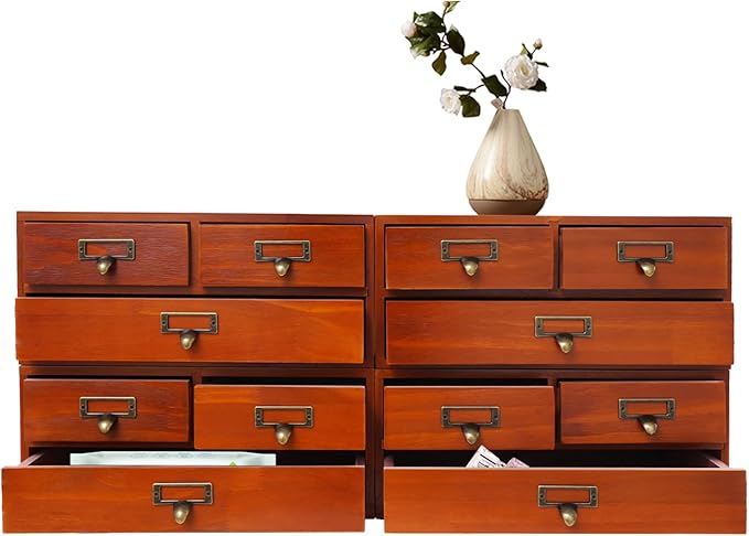4 Packs Vintage Desktop Apothecary Cabinet with 3 Drawers, Vintage Desktop Organizer Wood Desktops Organizers Stackable Drawers Chest Drawer for Herb Storage Tea Collection Stationery (Brown)