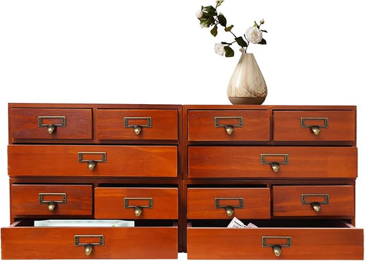 4 Packs Vintage Desktop Apothecary Cabinet with 3 Drawers, Vintage Desktop Organizer Wood Desktops Organizers Stackable Drawers Chest Drawer for Herb Storage Tea Collection Stationery (Brown)