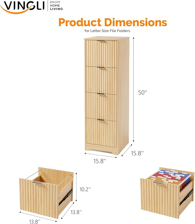 VINGLI Tall 4 Drawer File Cabinet, Home Office Filing Organizer, for Letter Size File Folder Storage, Modern Style Fluted Design, Wood Vertical Filing Cabinet, Printer Stand, Archivador (Oak)