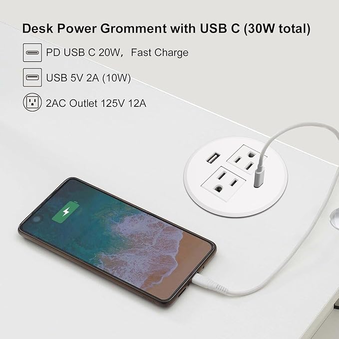 Desk Power Grommet USB C Total 30W, 3.15 Inch PD Fast Charge Desktop Power Strip 2 Outlets 2 USB Ports Recessed Flat Plug Extension Cord Mount into Countertop Shelf Cabinet End Table. (White)