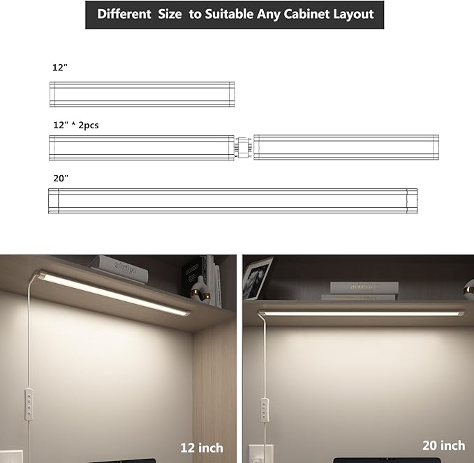 Under Cabinet Lighting USB Plug In 20Inch Under Counter Light Fixtures,3 CCT(3000K/4000K/6000K), 6W, 560LM Dimmable Slim Indoor LED Light Strip for Desk, Shelf, Kitchen Cabinets, Closet, Monitor, 1pcs